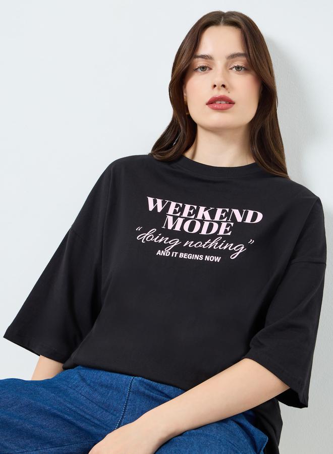 Styli Women Black Slogan Print T-Shirt - Image 5